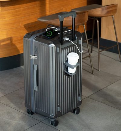 Smart Hard-Shell Luggage with USB Charging Port & Cup Holder - 20"Spinner Suitcase in Grey