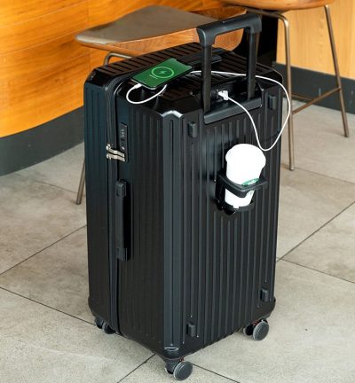 Smart Hard-Shell Luggage with USB Charging Port & Cup Holder - 20"Spinner Suitcase in Back