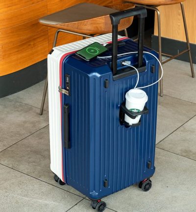 Smart Hard-Shell Luggage with USB Charging Port & Cup Holder - 20" Spinner Suitcase in Blue & White