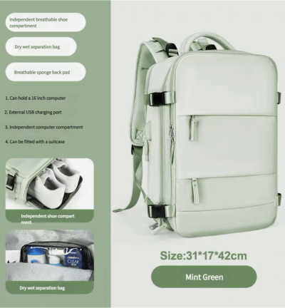 Multi-Compartment Travel Backpack with Shoe Storage and Wet-Dry Separation (Mint Green)31cm(L)*17cm(W)*42cm(H)