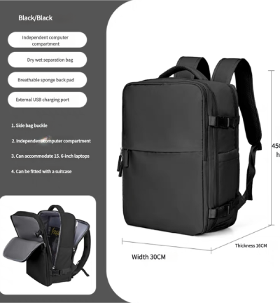 Water-Resistant Laptop Backpack with USB Charging Port and Wet-Dry Separation (Black)