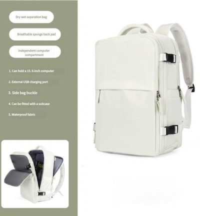 Water-Resistant Laptop Backpack with USB Charging Port and Wet-Dry Separation (Beige)