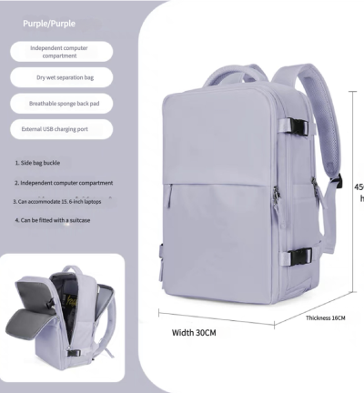 Water-Resistant Laptop Backpack with USB Charging Port and Wet-Dry Separation (Purple)