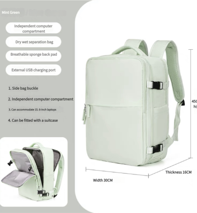 Water-Resistant Laptop Backpack with USB Charging Port and Wet-Dry Separation (mint green)
