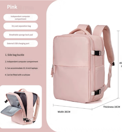 Water-Resistant Laptop Backpack with USB Charging Port and Wet-Dry Separation (Pink)