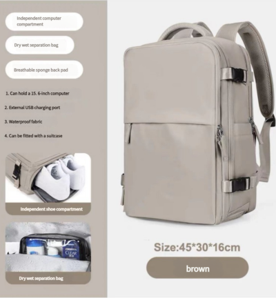 Water-Resistant Laptop Backpack with USB Charging Port and Wet-Dry Separation (Brown)