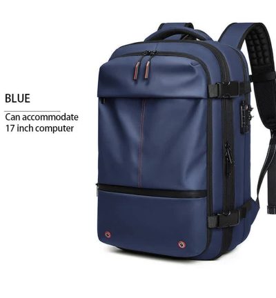 Blue Expandable Waterproof Laptop Backpack - Fits 17-Inch Laptop, Anti-Theft Design, Travel Friendly
