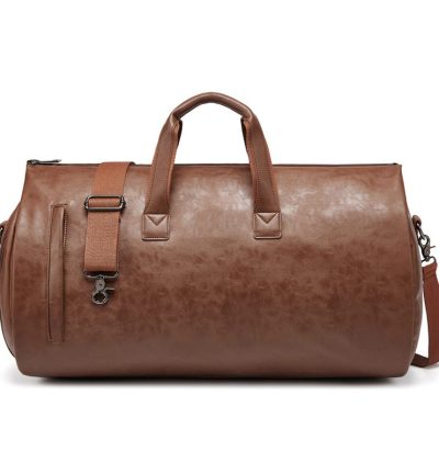 Brown PU Leather Travel Duffel Bag - Large Capacity Waterproof Suit Bag with Shoe Compartment