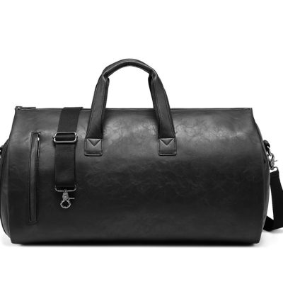 Black PU Leather Travel Duffel Bag - Large Capacity Waterproof Suit Bag with Shoe Compartment