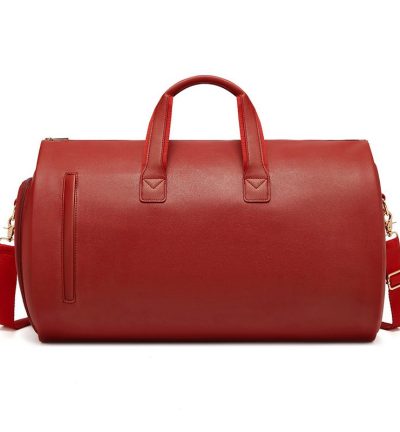 Red PU Leather Travel Duffel Bag - Large Capacity Waterproof Suit Bag with Shoe Compartment