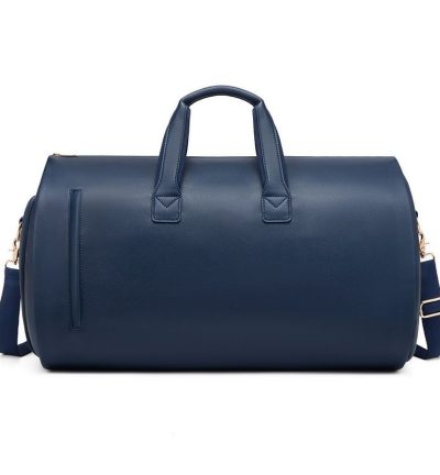 Blue PU Leather Travel Duffel Bag - Large Capacity Waterproof Suit Bag with Shoe Compartment