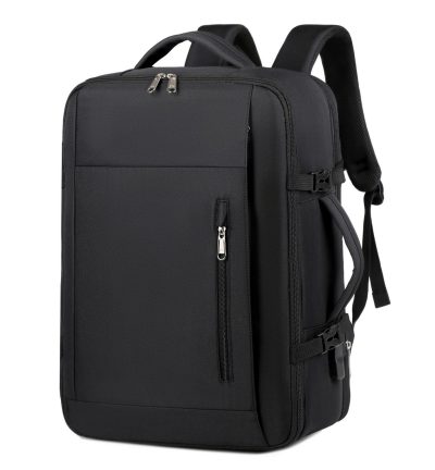 Black Expandable Backpack with USB Port - Multi-Functional Outdoor, Commuter & Laptop Bag