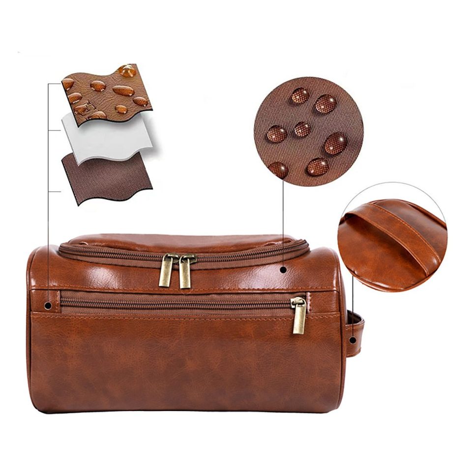 Coffee Large Capacity PU Leather Travel Toiletry Bag - Portable Waterproof Makeup Organizer for Business & Vacation - Image 3