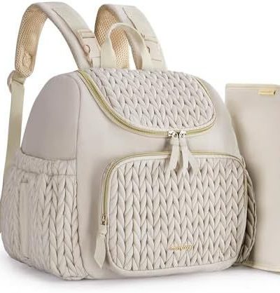 Beige Travel Backpack with Diaper Changing Mat - Small Size, Insulated Pocket,Perfect for Moms on the Go