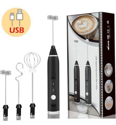 Black 304 Stainless Steel 3-Speed Handheld Electric Milk Frother, Egg Beater, Paint Mixer, and Milk Powder Blender