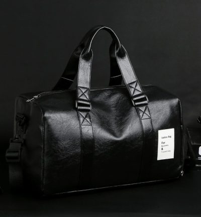 Black Men's Large-Capacity PU Leather Gym Bag - Travel, Shoulder, and Duffel Bag for Fitness and Yoga