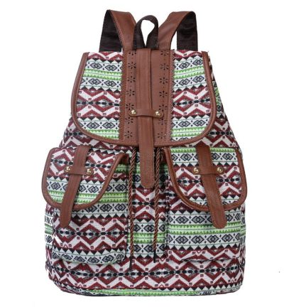 Green Bohemian Style Canvas Backpack - Vintage Tribal Pattern Travel Bag with Leather Straps