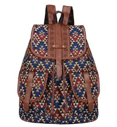 Lozenge Pattern Bohemian Style Canvas Backpack - Vintage Tribal Pattern Travel Bag with Leather Straps