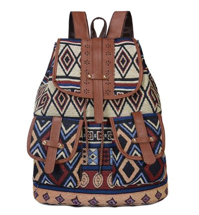 Circular Pattern Bohemian Style Canvas Backpack - Vintage Tribal Pattern Travel Bag with Leather Straps