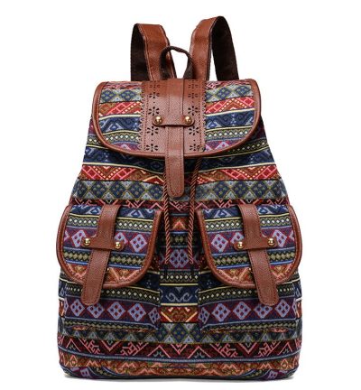 Diamond Pattern Bohemian Style Canvas Backpack - Vintage Tribal Pattern Travel Bag with Leather Straps