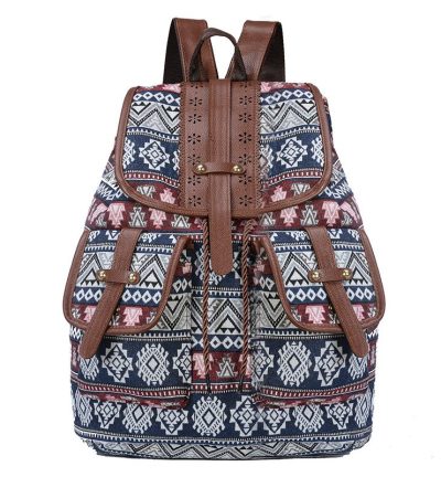 Bohemian Style Canvas Backpack - Vintage Tribal Pattern Travel Bag with Leather Straps