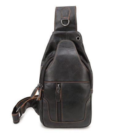 Black Men's Leather Sling Backpack - Casual Crossbody Chest Bag