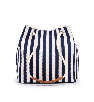 Blue Stripes Canvas Bucket Tote Bag with Leather Handle