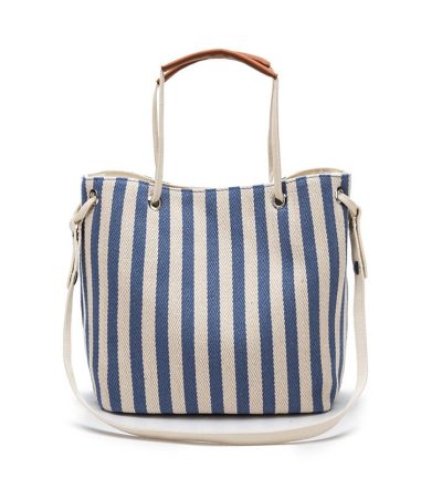 Light Blue Stripes Canvas Bucket Tote Bag with Leather Handle