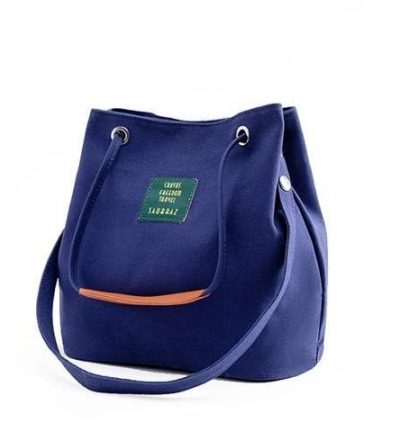 Blue Canvas Bucket Tote Bag with Leather Handle