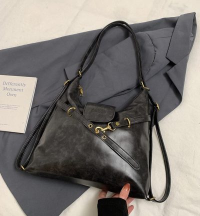 Black Elegant Faux Leather Shoulder Bag with Adjustable Strap