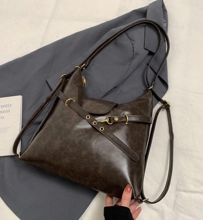 Dark Brown Elegant Faux Leather Shoulder Bag with Adjustable Strap