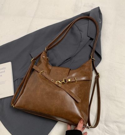 Brown Elegant Faux Leather Shoulder Bag with Adjustable Strap