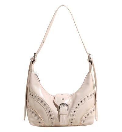 White Vintage Studded PU Leather Shoulder Bag with Adjustable Strap