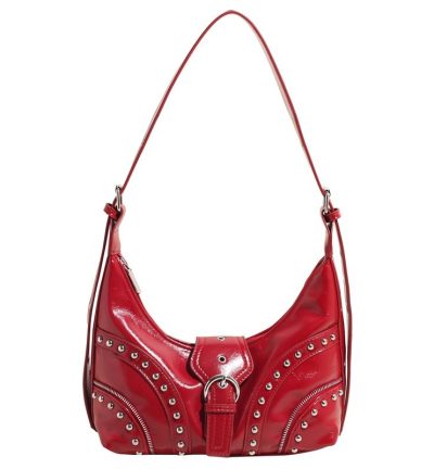 Red Vintage Studded PU Leather Shoulder Bag with Adjustable Strap