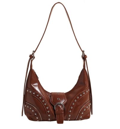 Brown Vintage Studded PU Leather Shoulder Bag with Adjustable Strap