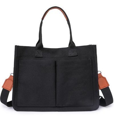 Black Stylish Canvas Briefcase Tote Bag with Large Capacity for Women