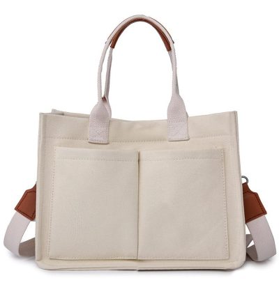White Stylish Canvas Briefcase Tote Bag with Large Capacity for Women