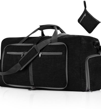 Black Large Foldable Travel Duffel Bag with Shoe Compartment and Carry Pouch - Lightweight, Durable, and Spacious