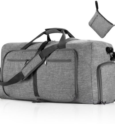 Grey Large Foldable Travel Duffel Bag with Shoe Compartment and Carry Pouch - Lightweight, Durable, and Spacious