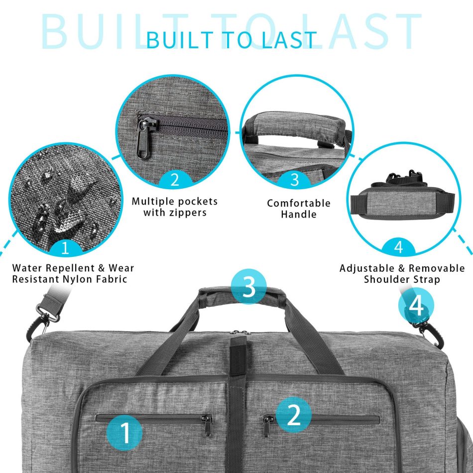 Grey Large Foldable Travel Duffel Bag with Shoe Compartment and Carry Pouch - Lightweight, Durable, and Spacious - Image 2
