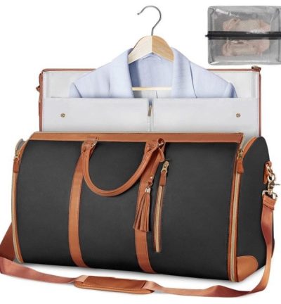 Black Convertible Garment Duffel Bag with Leather Accents - Travel Weekender Bag for Suits and Dresses