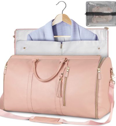 Pink Convertible Garment Duffel Bag with Leather Accents - Travel Weekender Bag for Suits and Dresses