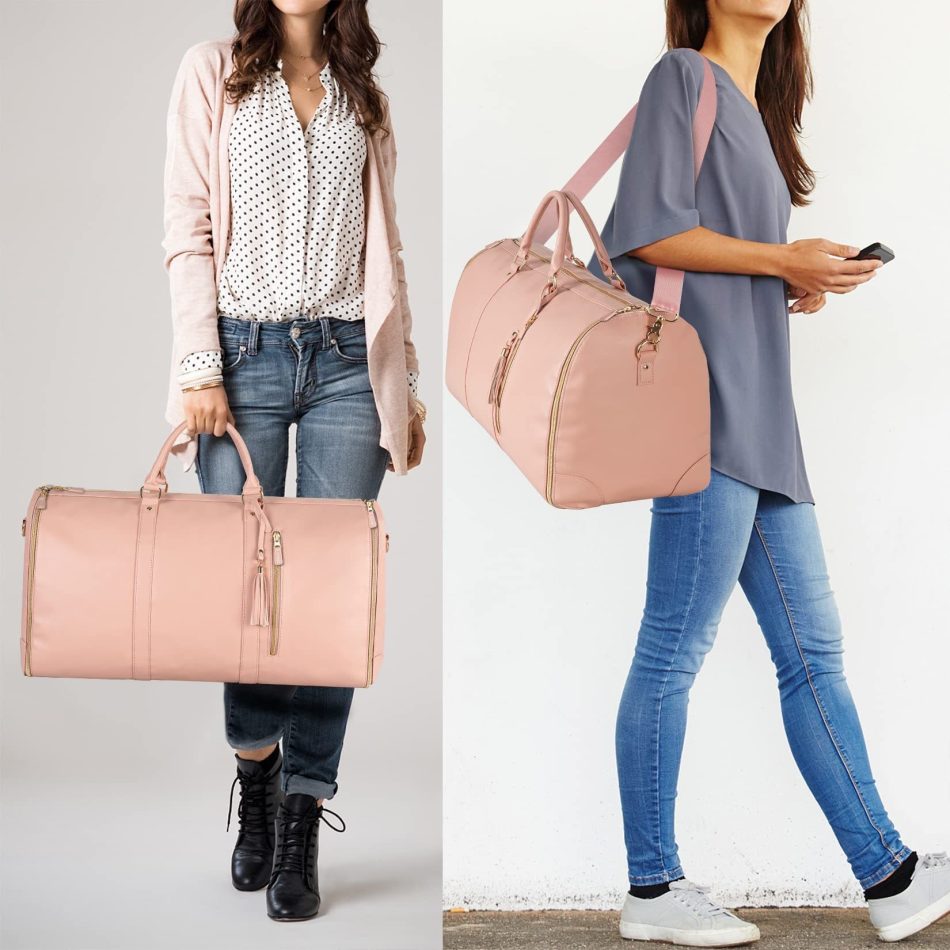Pink Convertible Garment Duffel Bag with Leather Accents - Travel Weekender Bag for Suits and Dresses - Image 5