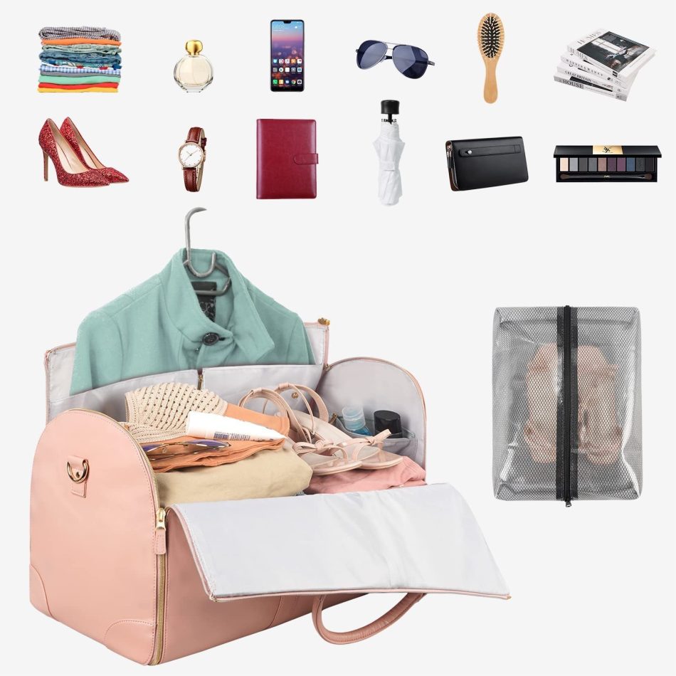 Pink Convertible Garment Duffel Bag with Leather Accents - Travel Weekender Bag for Suits and Dresses - Image 7