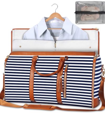 Blue Stripe Convertible Garment Duffel Bag with Leather Accents - Travel Weekender Bag for Suits and Dresses