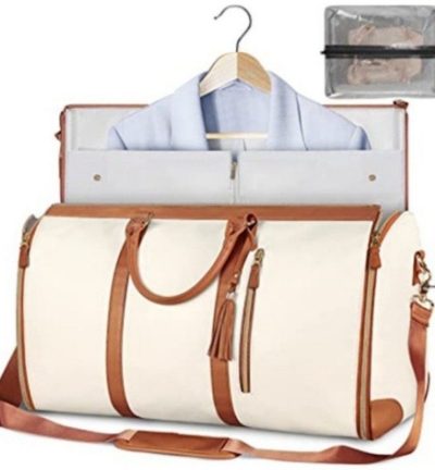Beige Convertible Garment Duffel Bag with Leather Accents - Travel Weekender Bag for Suits and Dresses