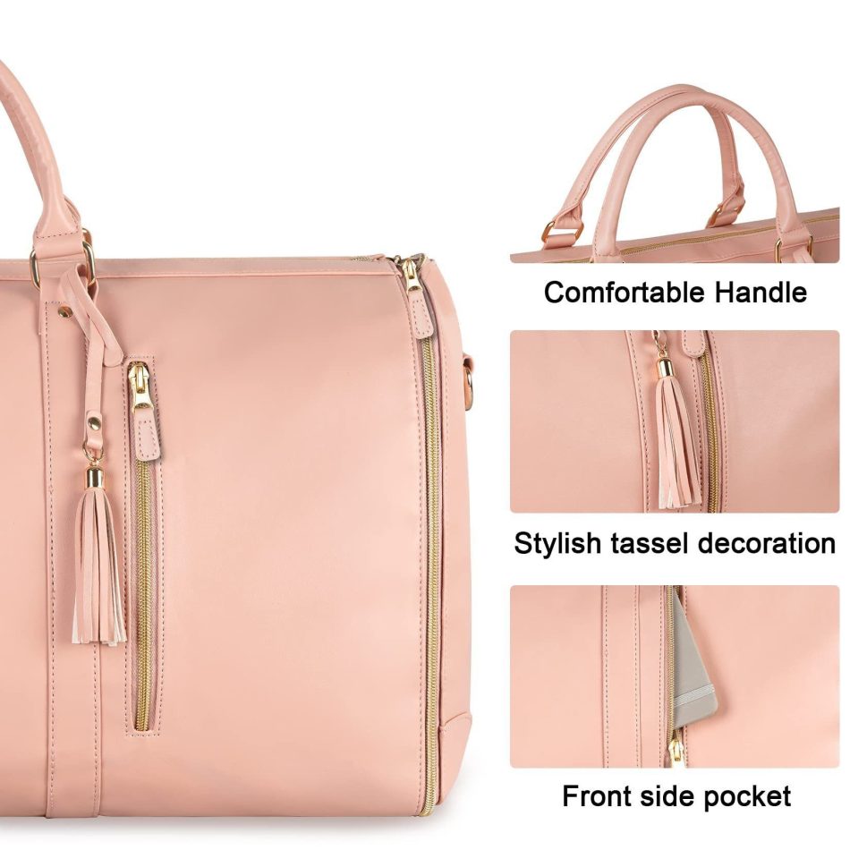 Beige Convertible Garment Duffel Bag with Leather Accents - Travel Weekender Bag for Suits and Dresses - Image 4