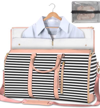Black Stripe Convertible Garment Duffel Bag with Leather Accents - Travel Weekender Bag for Suits and Dresses