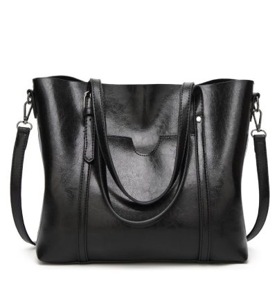 Black Fashionable Soft Leather Women's Handbag, Large Capacity Shoulder & Crossbody Tote, Casual Bucket Bag