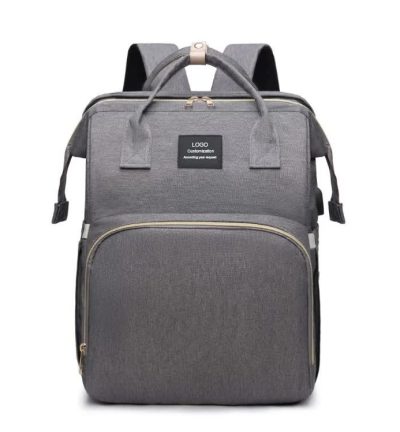 Grey Portable Mommy Bag with Baby Crib – Multi-Function Baby Diaper Backpack, Lightweight and Large Capacity for Moms